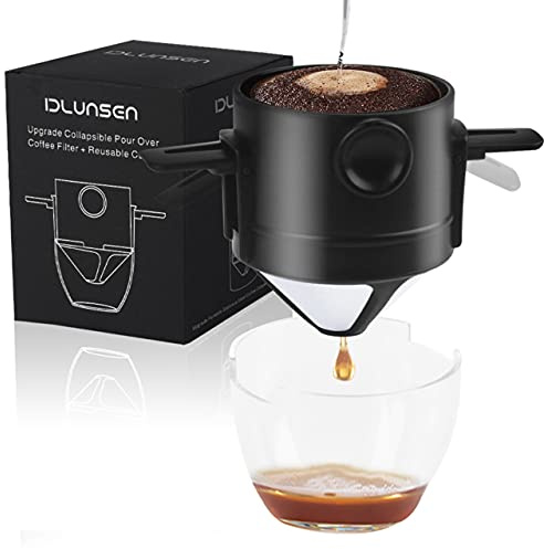 Dlunsen Kaffeefilter Wiederverwendbar Edelstahl Kegel-Kaffeetropffilter, Prämie Kaffeetrichter mit Durchsichtiger Tassen und Gefalteten Flügeln, Papierloser Tragbar Handfilter für Zuhause Büro Reisen