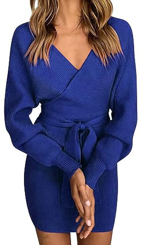 Vancavoo Pulloverkleid Damen V-Ausschnitt Elegant Strickkleid Langarm Pullover Winterkleid Strickpullover Kleid Bodycon Minikleid Sexy Rückenfrei Tunika Kleid Mit Gürtel für Herbst Winter,Blau,L