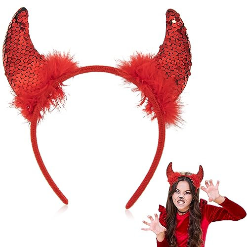 CHEERYMAGIC Devil Horns Devil Ears Fancy Dress Accessory Red Demon Horns on Headband Halloween Accessories Devil Fancy Dress Cosplay A3EMTG (A)