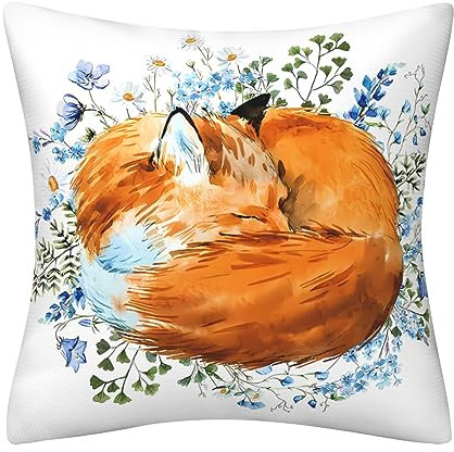DILOXNSU Kissenbezüge 45 x 45 cm, Schlafender Fuchs Blumen Geschenke Doppelseitiges Blaugrün Grün Quadratisch Dekorative Kissenbezüge für Sofa Wohnzimmer Garten Bett Wohnkultur Kissenbezug 45,7 x 45,7