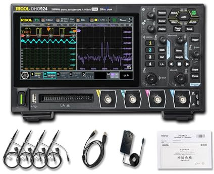 RIGOL Osciloscopio,DHO924 Osciloscopio Digital Portatil,250MHz,4A+16D canales,Resolución 12 bits,Pantalla táctil HD 7,Compatible con batería externa,Para pruebas en campo y enseñanza en laboratorio