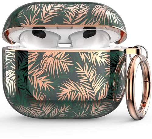 wenew Case Cover kompatibel mit Apple Airpods 3, Hard Case Cover mit süßen Mustern und Schlüsselanhänger für Mädchen, Kinder, Frauen, Männer (Goldener Bambus)