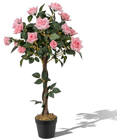 COSTWAY 93 cm Kunstbaum mit Blüten, künstlicher Blumenbaum, Kunstpflanze im Topf, Rosenbaum mit 21 Kiefernrosen und natürlicher Stamm, Kunstblume für Zuhause Büro, Zimmerpflanze Dekopflanze