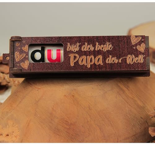 Urhome Geschenkbox Du bist der beste Papa Gravur mit Duplo Schokoriegel - Herzen Holz Box mit Spruch inkl. Schokolade Riegel - Danke Vater Geschenk graviert Dunkel Braun