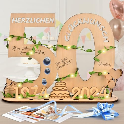 COZCLAM 50.Geldgeschenke Geburtstag Frauen & Männer, 2024 Schreiben Geburtstag Holz-Schild Gästebuch, 50.Geburtstag Deko Mit LED Lichterketten, Geschenktasche Und Schleife, Für Geburtstag, Jubiläum
