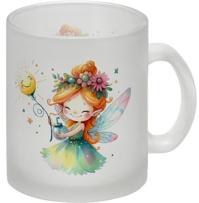 Magische bunte Fee Glas Tasse Gutgelaunt Den Tag Beginnen Fröhliche Tasse Morgenmomente mit Heiterem Zauberwesen Munter Mystisch Kaffee Genießen