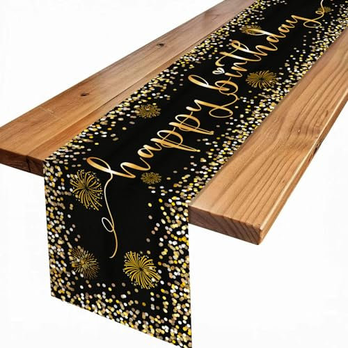 Tischläufer Geburtstag, Schwarz Gold Geburtstag Dekoration, Happy Birthday Tischdecke Waschbar Tischband, Tischdekoration Geburtstag für Mädchen Junge Frauen Männer Geburtstag Dekoration 180 x 35cm