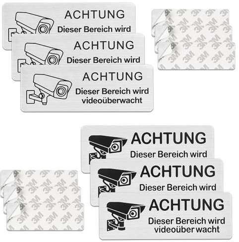 6 Stück Schild Videoüberwachung, 8.5 x 3 cm Selbstklebende Achtung Videoüberwachung Schild aus Aluminium, Warnschilder, Hinweisschilder Videoüberwachung Privatgrundstück, Rostfrei