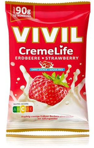 VIVIL Crema Life Fresa, 1 bolsa, caramelos de nata afrutada con sabor a fresa, sin azúcar y sin gluten, 1 x 90 g