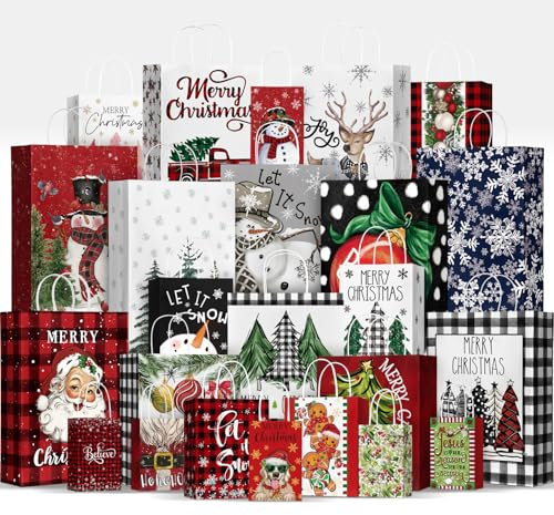 24 Stück Geschenktüten Weihnachten,verschiedene Größen Papier Weihnachtstüten Set,Geschenkpapier Taschen mit Griff,wiederverwendbare Papiertüten für Kinder(6 Jumbo, 6 Groß, 6 Mittel, 6 Klein)