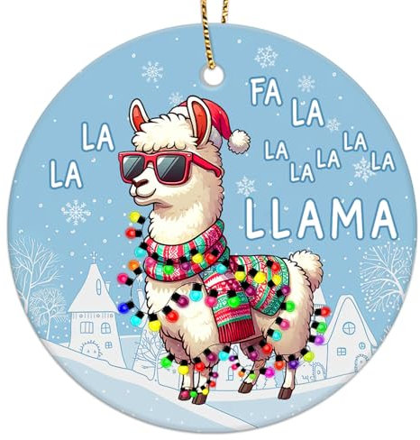 Keramik-Ornament, 2-seitig bedruckt, Tiermotiv, lustiges Ornament für Weihnachtsbaum-Dekoration, Llama-Ornament, lustiges Lama zum Aufhängen