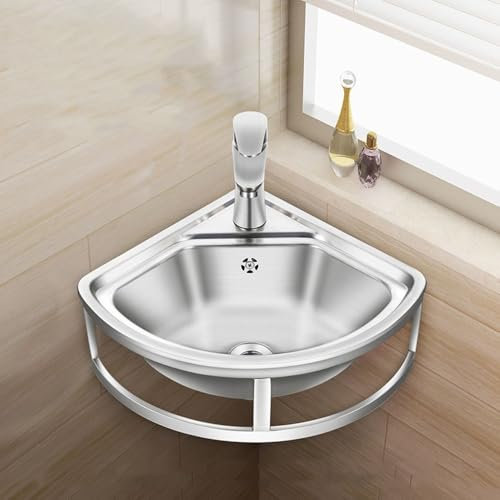 Lavabo d'angle INOX 455x390x120 MM, Triangulaire Montage Mural, avec Trop-Plein et Robinet, Vasque Lave-Mains Évier pour la Salle de Bain, Design Moderne