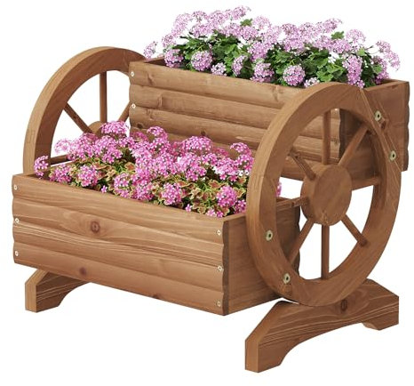 Wooden Wagon Planter Outdoor Flower Cart with Wheels Garden Planter, Decor Planter for Patio Balcony Decoration Succulent Flower Pot for Indoor Backyard Yard Decor Planters (Brown, Medium)