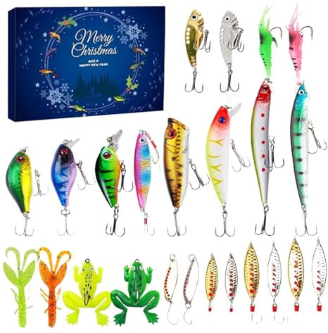 Angel Adventskalender 2024 Männer Weihnachtskalender Köder Set Adventskalender für Erwachsene Teenager Junge-n, 24 Tage Weihnachten Countdown Angelkalender für Süßwasser Salzwasser Fischen