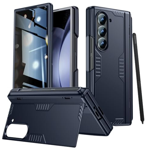 spoovcto Custodia per Samsung Galaxy Z Fold6 vetro temperato anti-peeping, protezione della cerniera, supporto nascosto, supporta la ricarica wireless, antiurto per Z Fold 6, blu