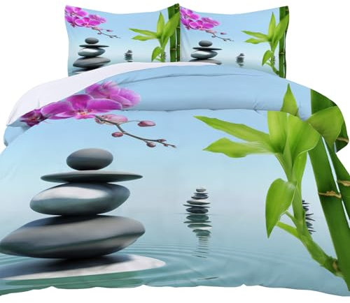 Leichong 3D Zen Spirituelle Bettwäsche 155x220 Stein Weiche Microfaser Bettwäsche-Sets Bettbezug mit Reißverschluss und 2 Kissenbezug 80x80 cm