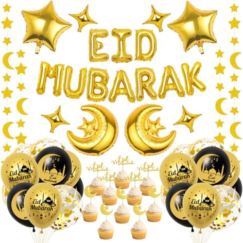 EID Mubarak Dekoration, Eid Mubarak Folienballon Girlande, Luftballons Schwarz Gold Confetti, Mond Stern Folienballon, Cake Topper, Ramadan Deko für Islam Eid Partyzubehör