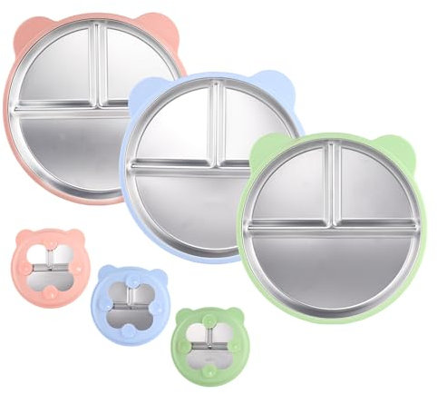 Shimmerz 3 pièces Assiette à Oreilles de Chat en Acier Inoxydable avec Ventouse, 9 Assiette compartimentée avec Manchon en Silicone Amovible pour bébé, Non Toxique et sans BPA