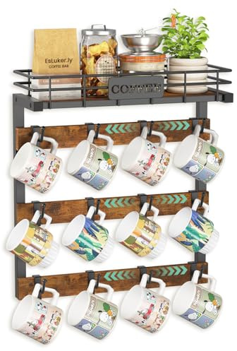 EsLuker.ly Coffee Mug Holder Wall Mounted Display Rack, Black Metal Cup Hanger Organizer with 12 Adjustable Plastic Hooks, Wood Rustic Shelf for Coffee Bar Home Kitchen, Thoughtful Wall Storage