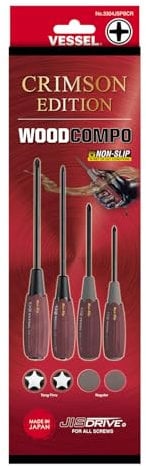 VESSEL WOOD-COMPO JISDRIVE Screwdriver 4PC. Set, Crimson Edition, No: 3304JSPBCR