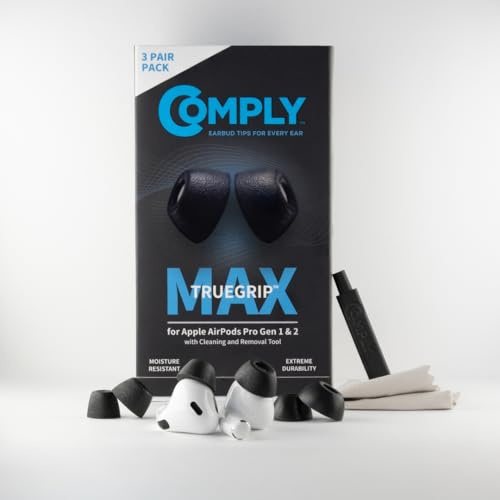 Comply TrueGrip MAX | Premium Memory Schaumstoff Ersatz-Ohrstöpsel für Apple AirPods Pro (1 & 2 Generation) | SmartSkin™-Technologie | schwarz, Größe M, 3 Paar
