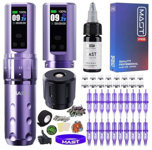 Mast Tattoo Fold2 Pro Tattoo Maschine Set, 7 Hub, Mcore Motor | 2000mAh Akku, Smart Display, 2.4-4.2mm Hublängen, Für Profi Künstler Lila