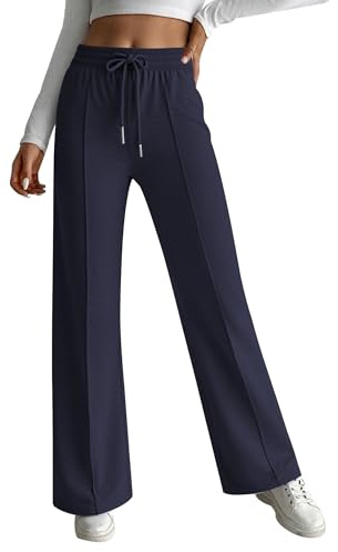 HOTOUCH Womens Wide Leg Trousers Ladies Joggers High Waist Tracksuit Bottom Casual Work Trousers Lounge Yoga Pants with Pockets Navy Blue XL
