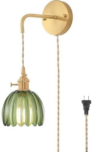 LOGT Gold Kristall Wandleuchte mit Schalter und Stecker, Innen Wandlampe Vintage Kabel Schalter Wandbeleuchtung Messing Glas Schirm Wohnzimmerleuchte Hängelampe Retro Floral Nachttischlampe,Grün