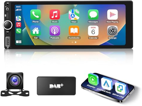 ESSGOO 4+64G Autoradio Android 14 mit Wireless Carplay und Android Auto 1DIN 6,86 Zoll HD Touchscreen mit Bluetooth Voice Control Mirror Link GPS Navi WiFi USB FM RDS SWC AHD Kamera DAB+