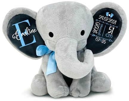 Love Faith Peluche éléphant personnalisée - Gris/Bleu - Cadeau Naissance