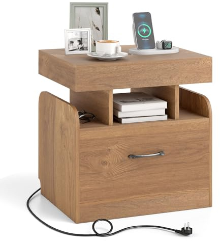 RELAX4LIFE Nachttisch mit Ladestation (2 AC-Steckdosen 1 USB 1 Typ-C), Nachtkommode mit Geheimfach, Schublade, offenen Regalen, Nachtschrank für Schlafzimmer Wohnzimmer Büro, 50 x 40 x 55 cm (Natur)
