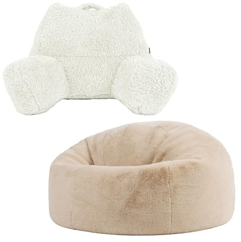 icon Kingston Faux Fur Bean Bag and Cushion with Filling Included, Beige | Made in the UK, Adult Beanbag, Comfy Chair, Reading Pillow, Soft Plush Fabric, For Lounge and Bedroom