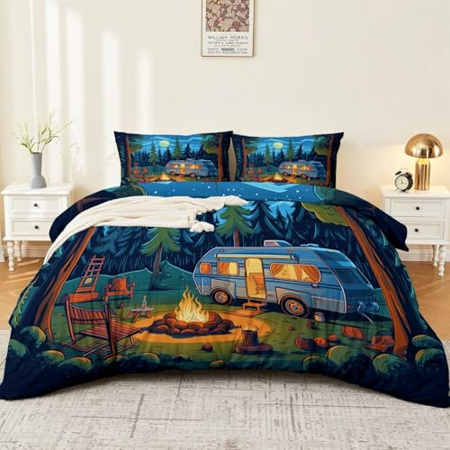 Bettbezug Mikrofaser 135 cm X 200 cm Camping Wohnmobil Lagerfeuer Blau – Weiche & Atmungsaktive Bettwäsche, Hautfreundlich, Pflegeleicht, Knitterfrei, Waschbar, Mit Reißverschluss