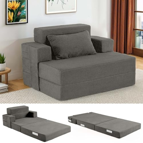 Fantico 4-in-1 Schlafsofa 100 x 200 cm – Schlafsessel mit Bettfunktion, klappbares Bettsofa, Faltbare Schlafcouch mit integrierten Rückenkissen & separatem Kissen, waschbarer Bezug, Dunkelgrau