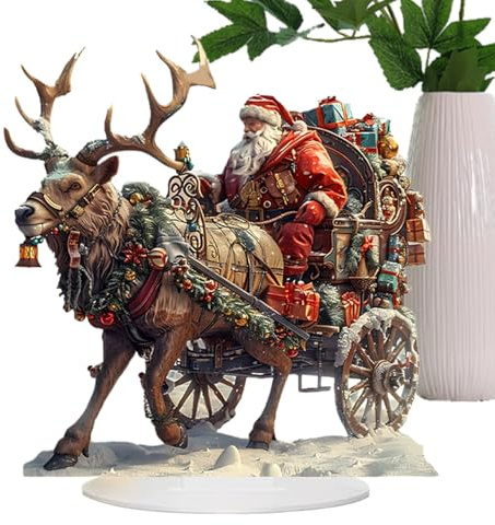 Santa Sleigh Reindeer Figurine - 15x15cm 2D Acrylic Deer Sleigh Statue, Father Christmas Figures, Holiday Santa Reindeer Desktop Ornament, Christmas Decor For Indoor & Outdoor, Fireplace Home Decor