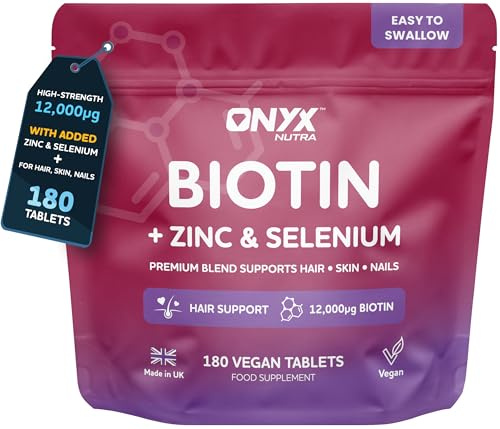 Biotin 12,000μg Hair Skin and Nails Vitamins – High Strength with Zinc & Selenium | 24,000% NRV Biotin Supplement for Hair Support, Nail & Skin | 180 Vegan Tablets for Women & Men UK Made