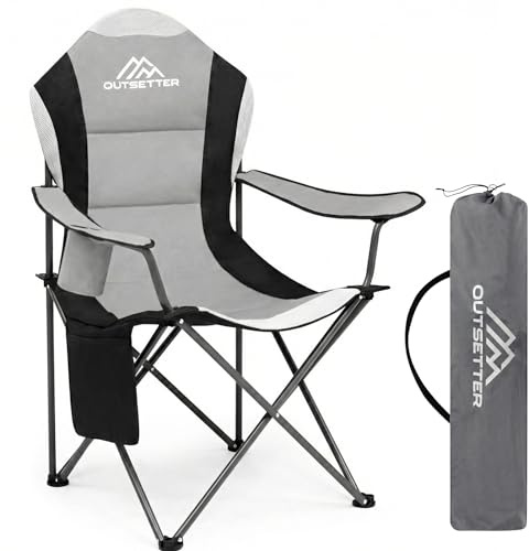 Outsetter Folding Camping Chair High Back, Large Padded Chair with Cup Holder and Side Pockets,Seat with Breathable Mesh, Portable & Comfortable,Holds up to 120kg for Outdoors, Fishing(Light Grey)