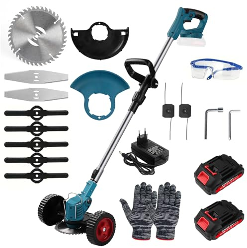 Telituny Débroussailleuse électrique avec 2 batteries, compatible avec batteries de 21 V, moteur brushless, tondeuse à gazon manuelle, pour tondre, bords