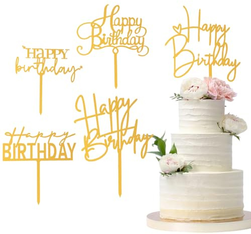5 Pcs Gold Happy Birthday Cake Toppers | 4 to 6 Inches Acrylic Happy Birthday Cake Toppers Gold, Cupcake Decorations For Girls And Adults