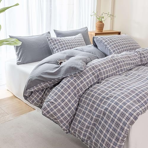 DXHOME Bettwäsche 155x220 Kariert Mikrofase Duvet Cover Blau Hellblau musselin Bettwäsche 155x220 Landhausstil Bettwäsche-Sets Vintagemit Reißverschluss und Kissenbezüge 80x80cmx2