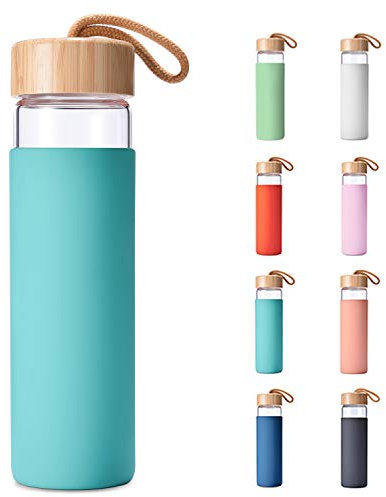 Yomious Bouteilles d'eau en verre borosilicate de 591 ml avec manchon en silicone sans BPA, passent au lave-vaisselle – Réutilisables en verre transparent avec couvercle anti-fuite en bambou