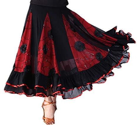 Eleganter Mesh Long Swing Tango Walzer Tanzrock für Frauen Schwarz und Rot One Size