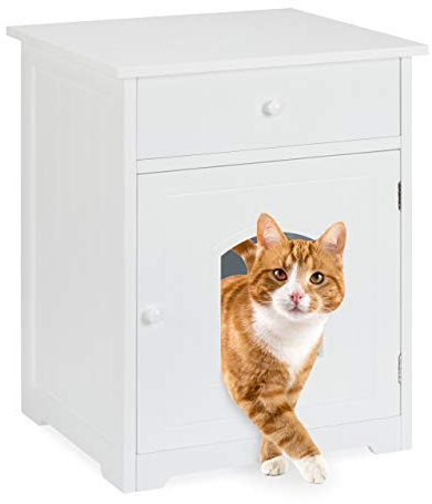 Relaxdays Katzenschrank mit Schublade, Katzenkommode Katzentoilette Holz, Katzenklo Schrank, HBT 63,5 x 52 x 48 cm, weiß
