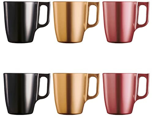 Luminarc Flashy Set 6 Tazas Desayuno Mugs café de Vidrio con asa para microondas 25cl, Negro
