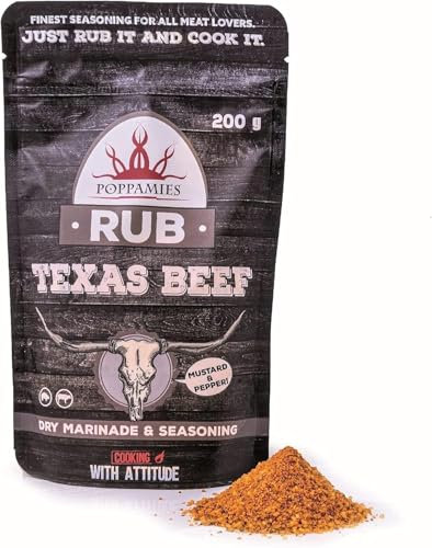 Poppamies Rub Texas Beef Rub, Marinatura a Secco e Condimento Perfetti per Manzo, Maiale - Ottimo per Griglia, BBQ, Forno, Bollitore e Padella - Confezione Grande (200 g)