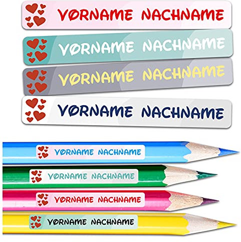 60 x Namensaufkleber Wunschname personalisiert je 4,5x0,6cm Aufkleber mit Kinder Name Beschriftung Schule Kindergarten Stifte Sticker (Nr. 23 Herz, Für schmale Oberflächen)