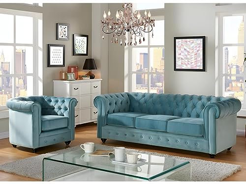 Vente-unique - Canapé 3 Places et Fauteuil Chesterfield - Velours Bleu Pastel