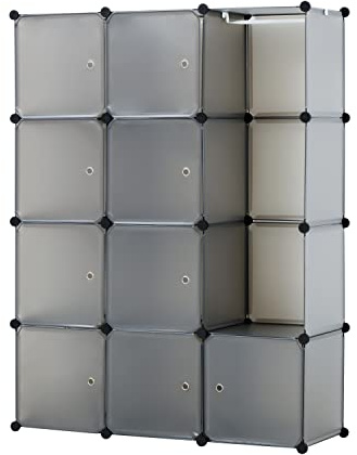 Baroni Home Platzsparende Kleiderschrank, Steckregal mit stapelbaren Fächern mit Türen, Organisatoren aus Kunststoff, Würfel Regalsystem für Wohn- oder Schlafzimmer, Flur, Mattgrau (12 Fächern)