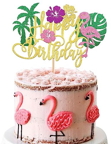 Xsstarmi 1 Pack Flamingo Happy Birthday Cake Topper Glitter Tropical Luau Cake Decoration Palm Tree Leaf Flamingo Cake Pick for Tropical Luau Baby Shower kids Birthday Party Docorations