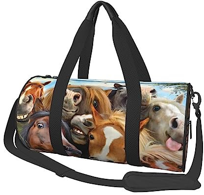 Runde Seesack mit Pferden, bedruckt, leicht, für Reisen, Sport, für Männer und Frauen, Schwarz , Einheitsgröße